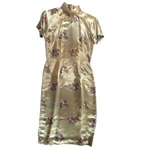 Vintage Gold Satin Floral Brocade Cheongsam Qipao Dress Made in Hong‎ Kong 1960s